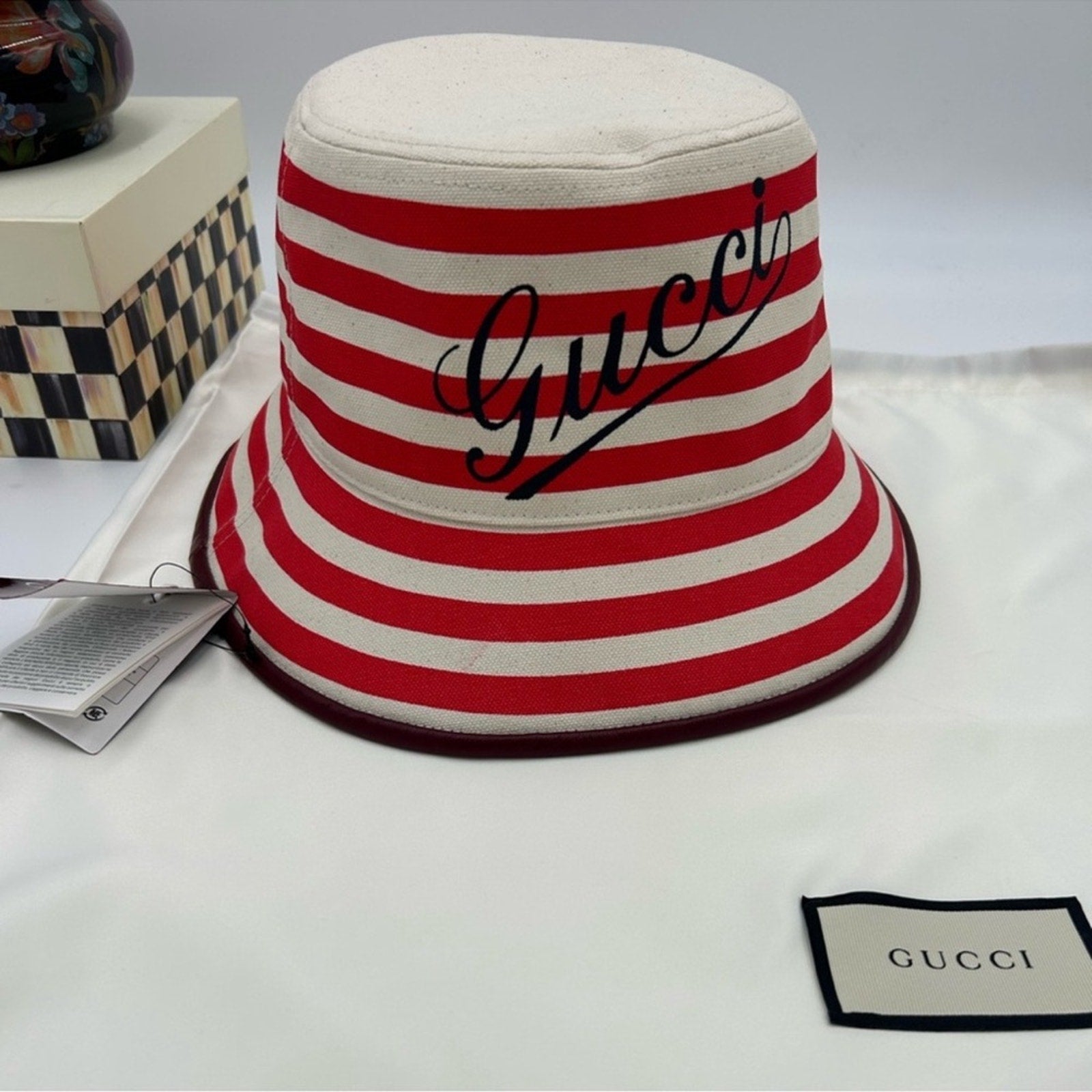 Women's Gucci, striped canvas, bucket, hat, size large made in Italy NWT