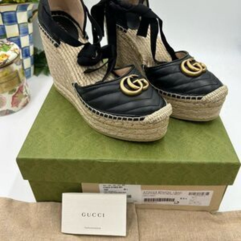 Women's Gucci GG Marmont ankle tie, wedge espadrilles size 40.5 made in Spain