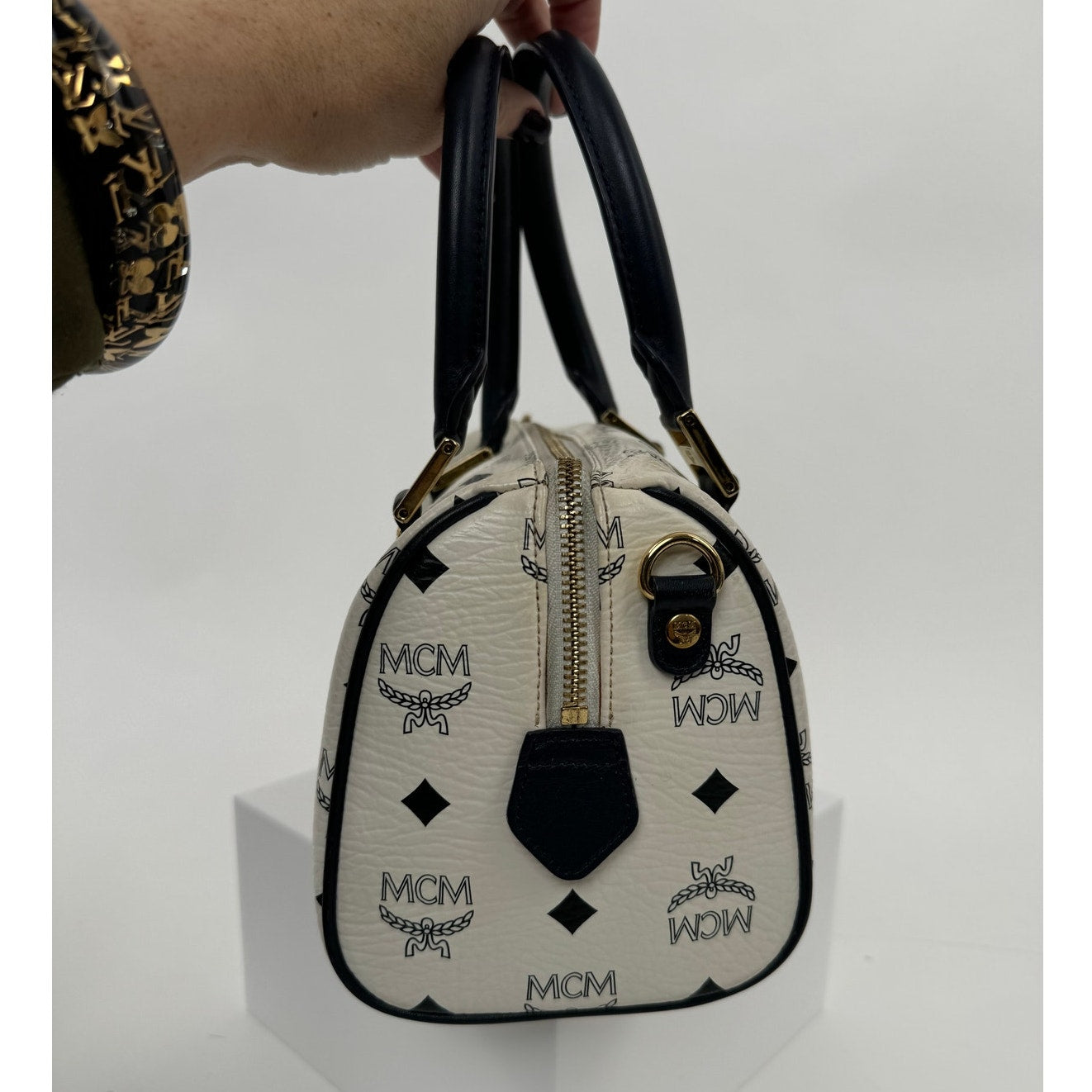 MCM Navy Blue and White Monogram Rare Boston Mini Top Handle Bag