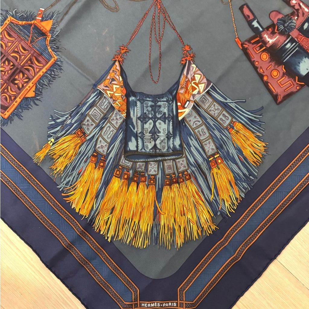 Hermès silk scarf in a darker blue and maroon Color Way, Middle Eastern motif