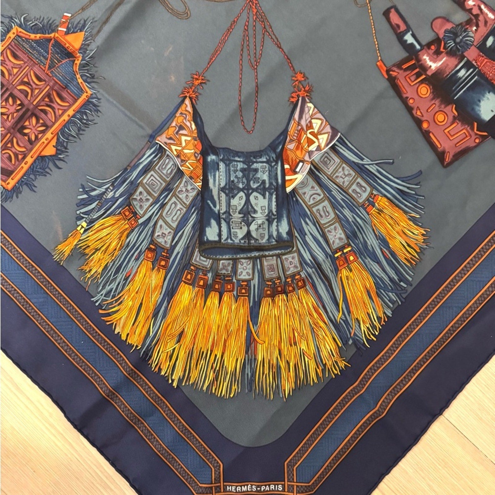 Hermès silk scarf in a darker blue and maroon Color Way, Middle Eastern motif