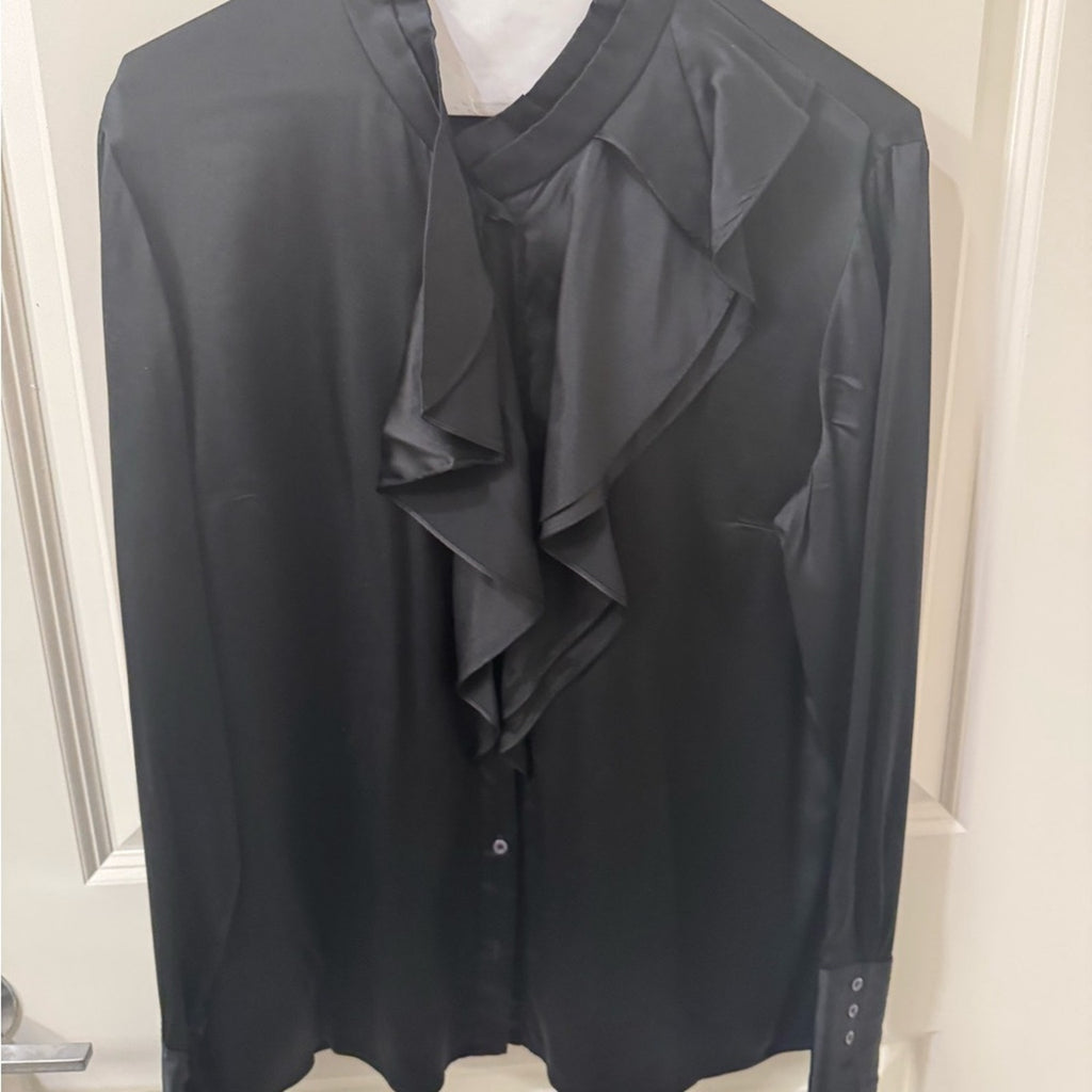 Hugo Boss Black button up silk Dress Shirt with Ruffle Detail women’s size 10
