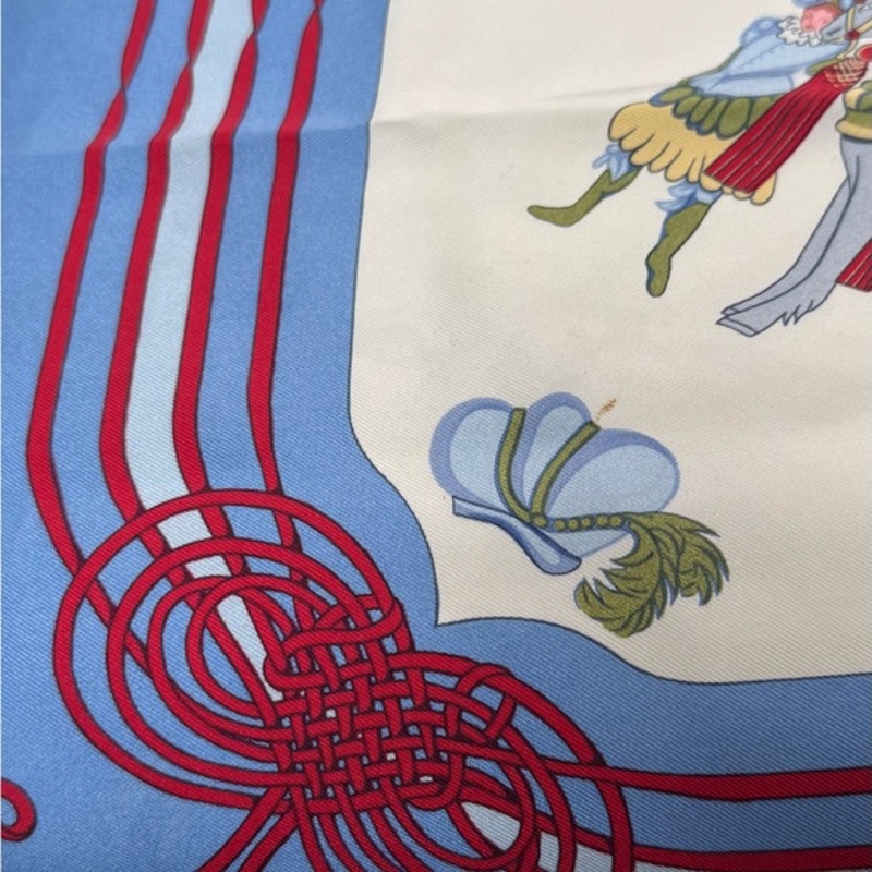 Hermes silk scarf red/blue colorway/whimsical sleds horses w/flourishes of color