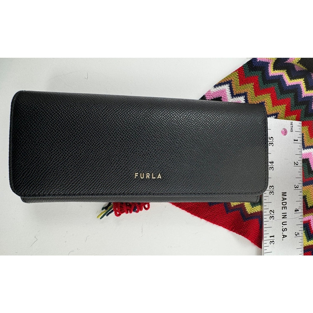 Furla NWT Black Pebble Grained Continental Trifold Wallet With Box and Bag Charm