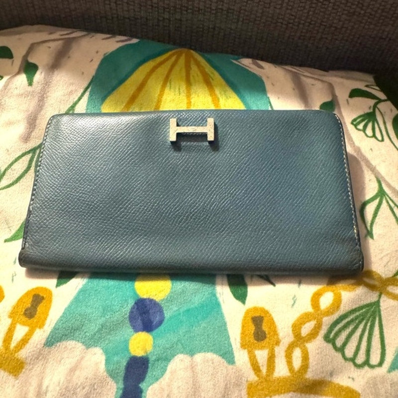 Hermes Blue Jean Tadelakt Bearn wallet Palladium Hardware cream contrast stitch