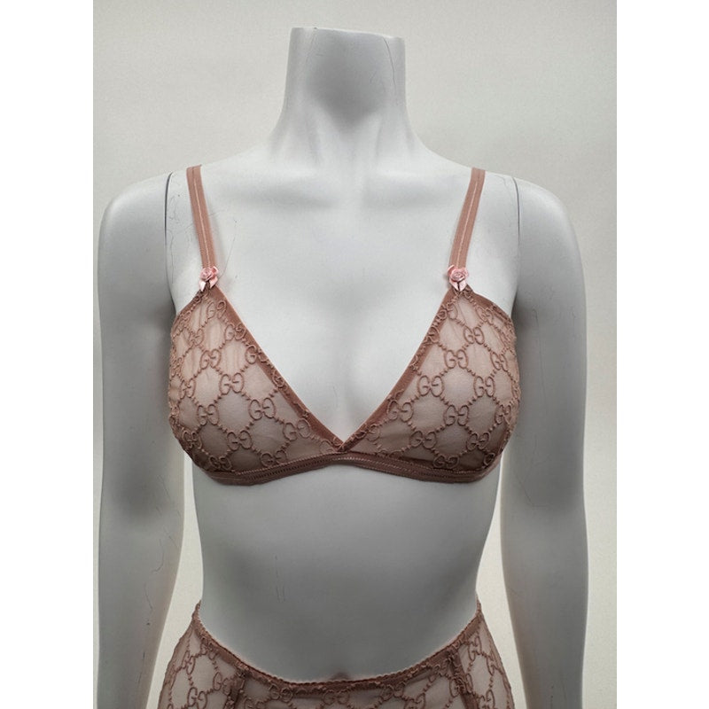 Gucci NWT Blush Pink GG Logo Lace Bra & High Waist Briefs Lingerie Set Size S