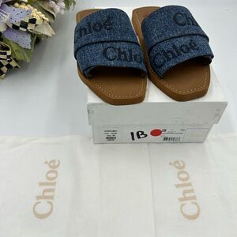 Women’s Chloe woody logo embroidered denim sandals size 38 made in Italy