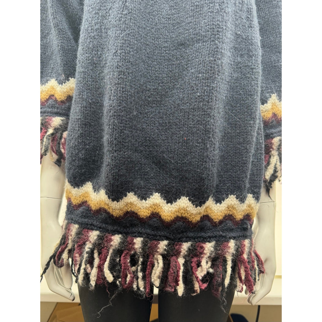 Women's RED Valentino Fair Isle Fringe Hooded Poncho Sweater Cape – Size M