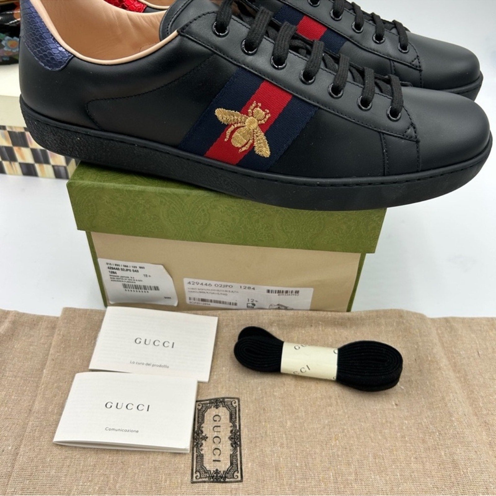 Men's Gucci ace bee embroidered sneakers size 12.5 made in Italy