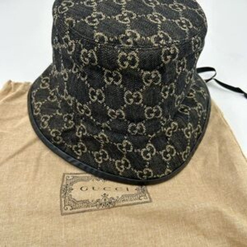 Unisex Gucci, GG denim black/beige bucket hat, size medium, made in Italy