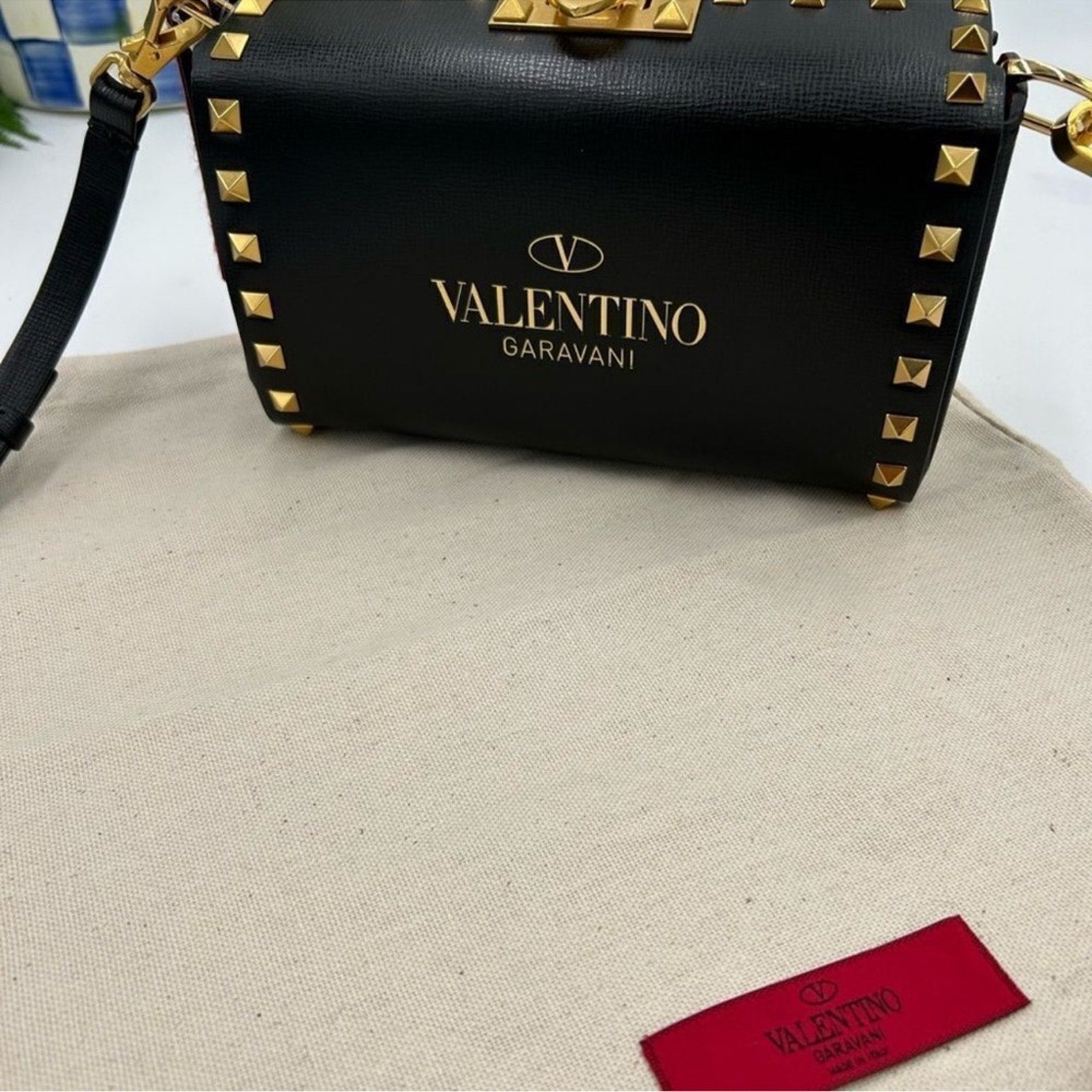 Women's Valentino Garavani gold Rockstud, leather shoulder bag made in Italy