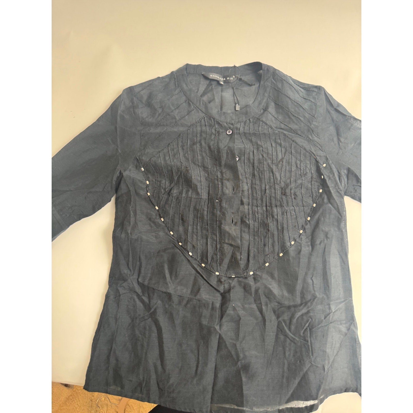 Barbara Bui NWT Black Silk Embellished Pintuck Tunic Blouse – Size 38 / S