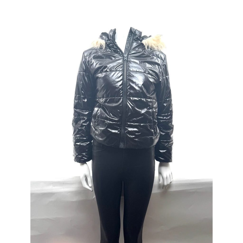 Kids Hudson Black Shiny Puffer Jacket with Faux Fur Hood Size L Fits Women’s XS