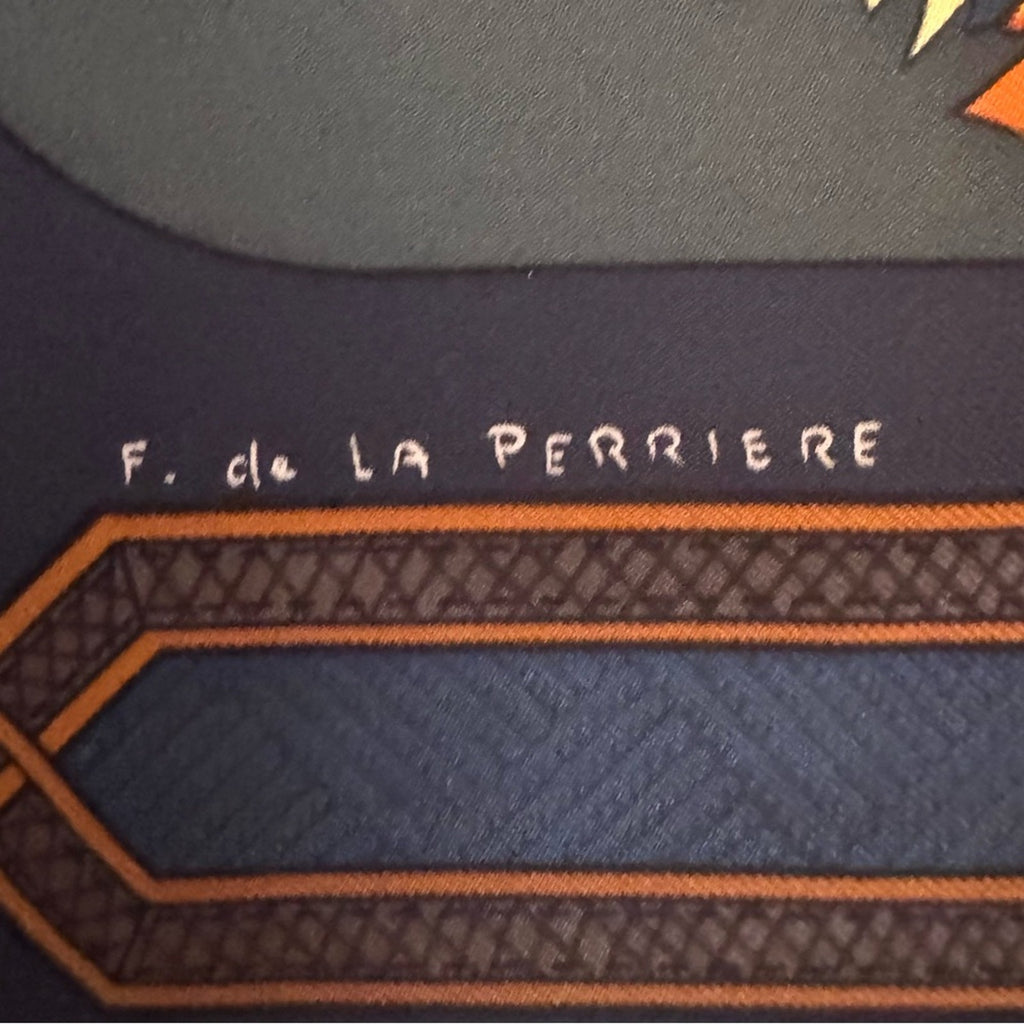 Hermès silk scarf in a darker blue and maroon Color Way, Middle Eastern motif