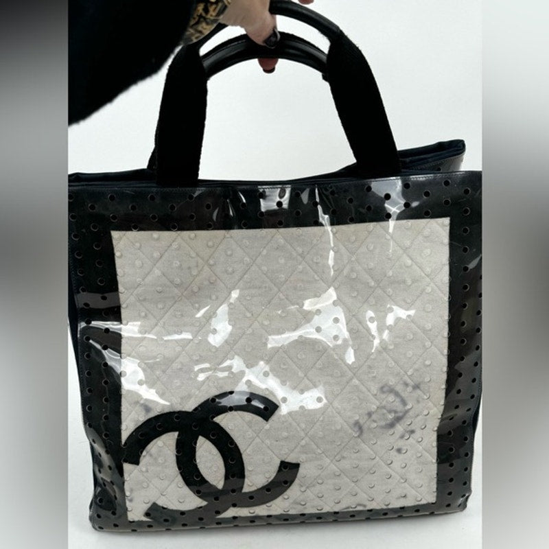 Chanel ENORMOUS tote, black + white fabric w/perforated pvc layer over material