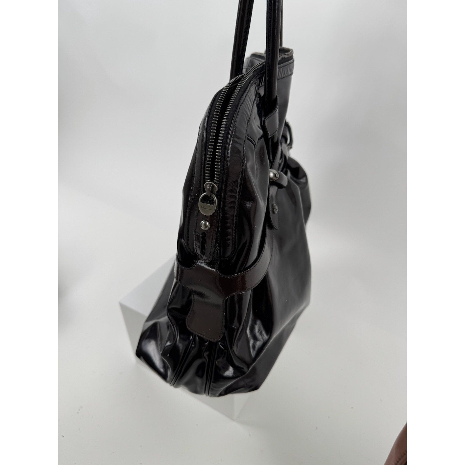Salvatore Ferragamo Gancini Black Patent Leather Ruched Boho Hobo Bag