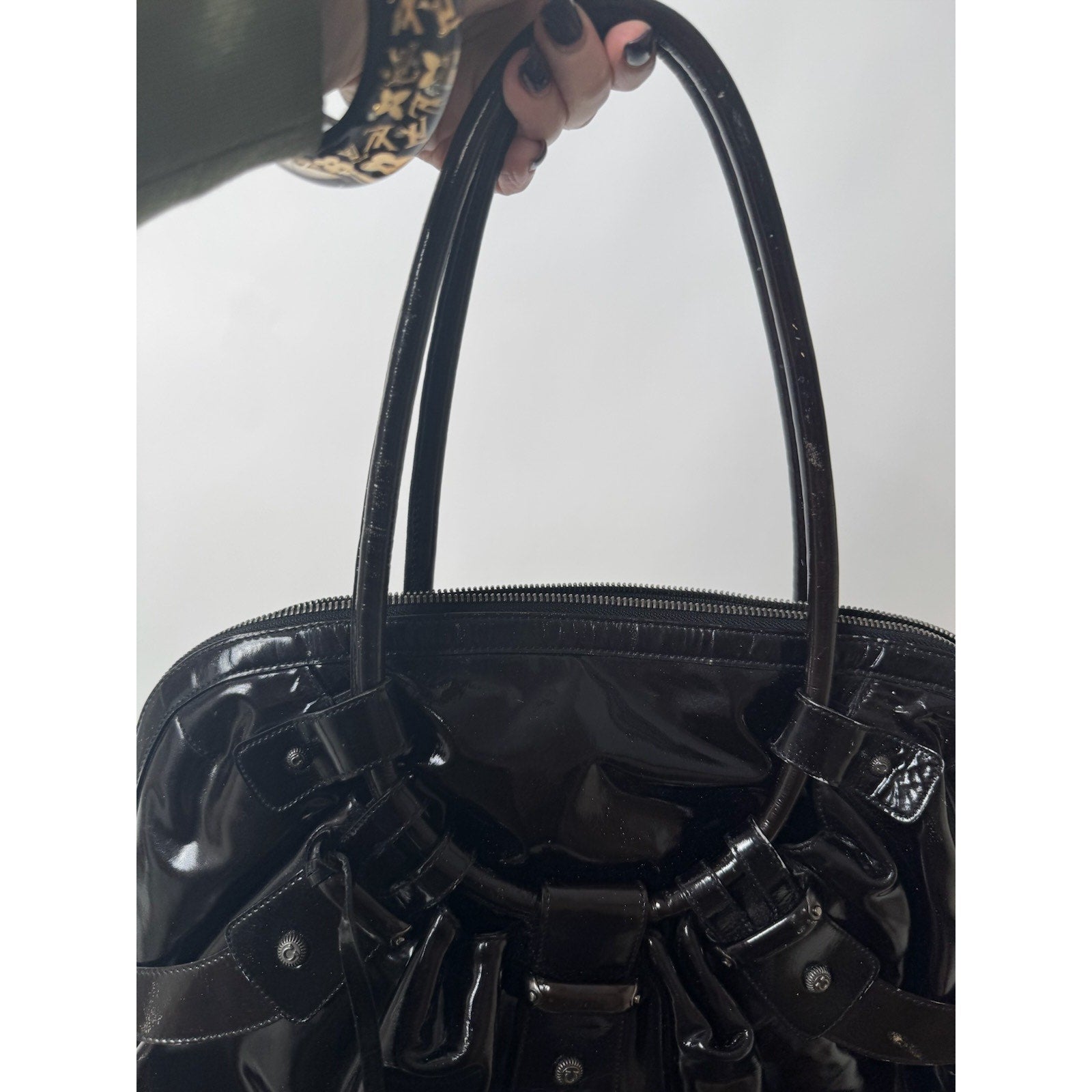 Salvatore Ferragamo Gancini Black Patent Leather Ruched Boho Hobo Bag