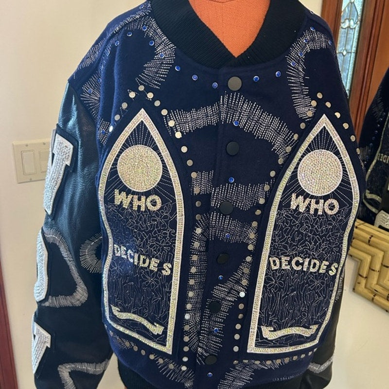 Men's WHO DECIDES war hardware, varsity jacket, size XL