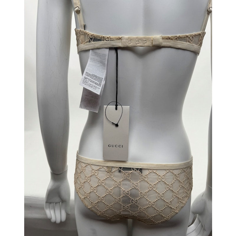 Women's Gucci NWT Cream GG Logo Lace Bra & Briefs Lingerie Set Size S