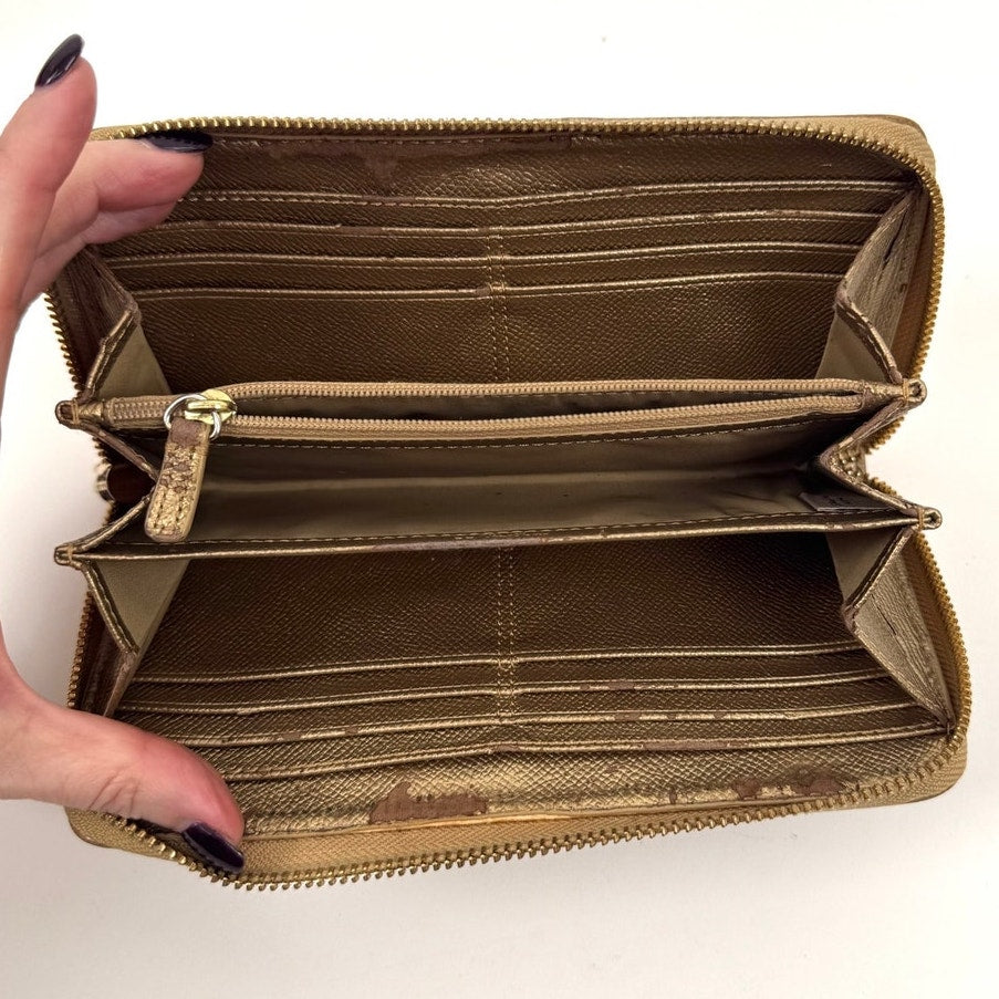 Coach Tan and Brown Zippy Long Accordion Wallet with Gold Finish Hardware