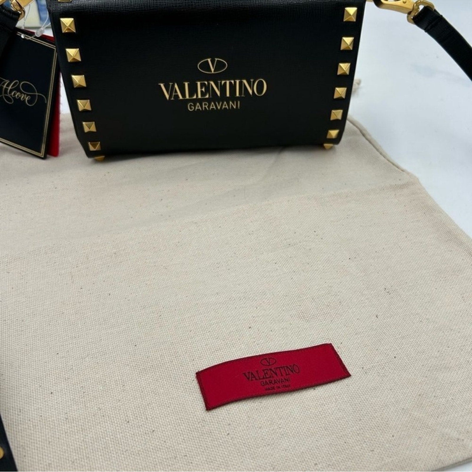 Women's Valentino Garavani gold Rockstud, leather shoulder bag made in Italy