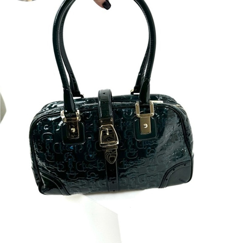 Gucci Vintage Green Blue Black patent leather top handle bag w/gold hardware