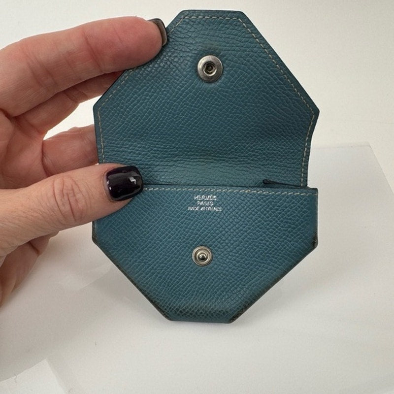 Hermes Blue silver front snap coin purse some wear