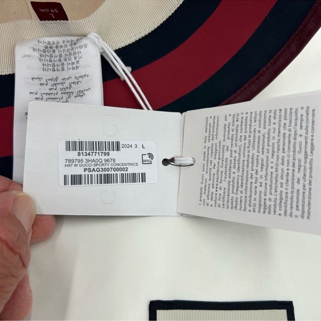 Women's Gucci, striped canvas, bucket, hat, size large made in Italy NWT