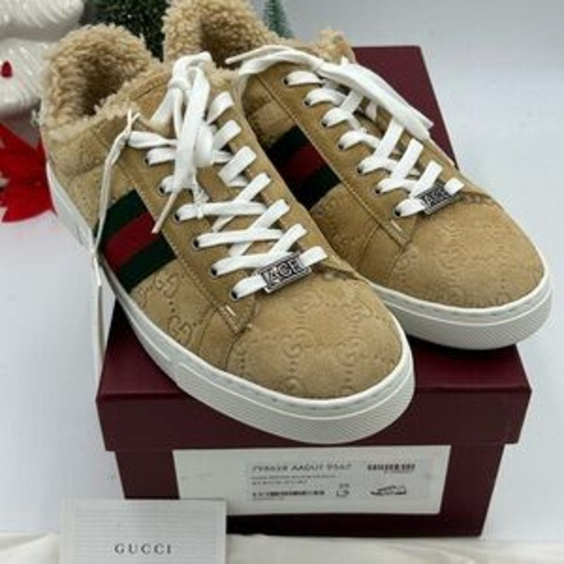 Women's Gucci ace GG suede sneakers with shearling lining size 39 made in Italy