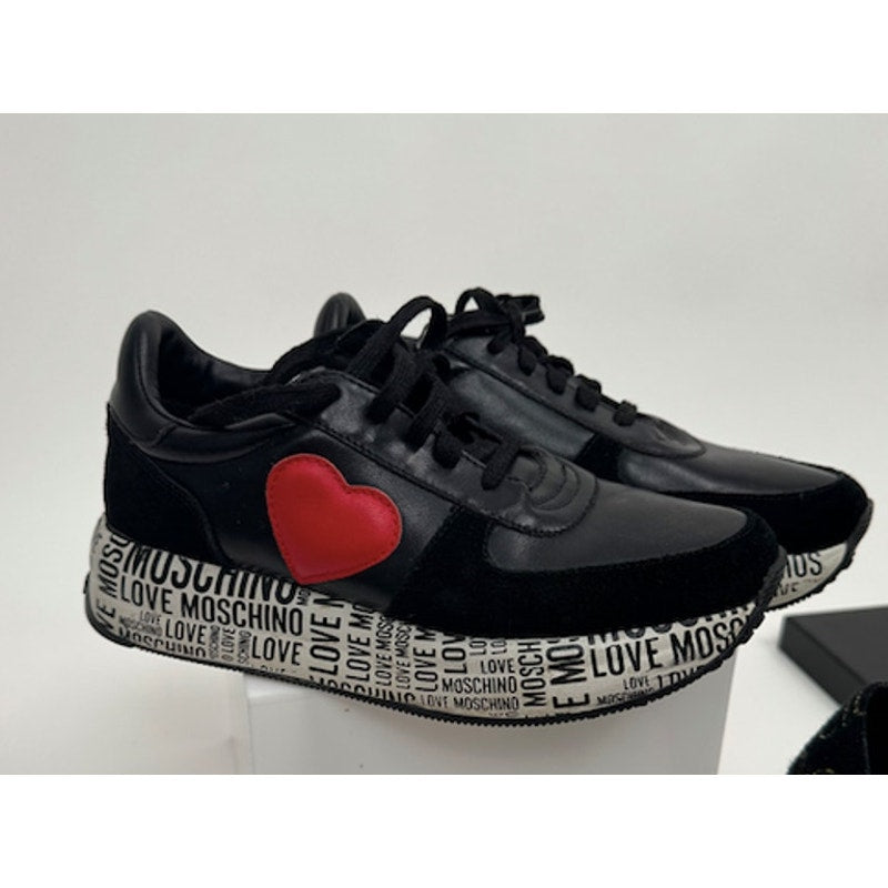 Women's Love Moschino Heart Patch Platform Sneakers Black Red Size 8 EU 38