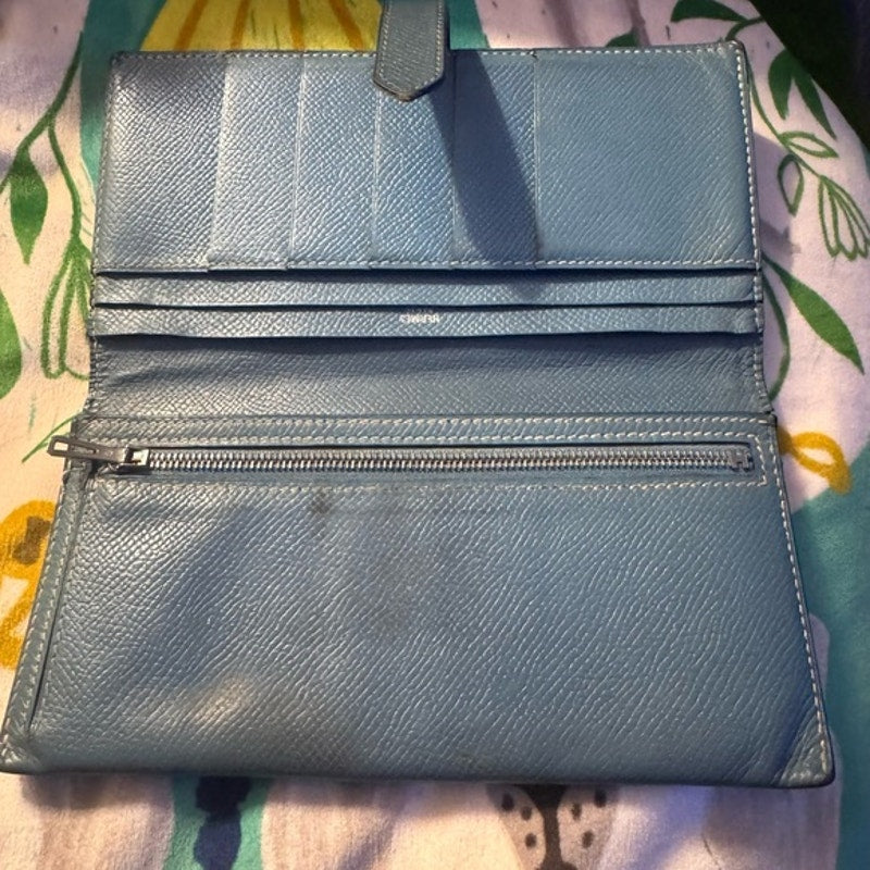 Hermes Blue Jean Tadelakt Bearn wallet Palladium Hardware cream contrast stitch