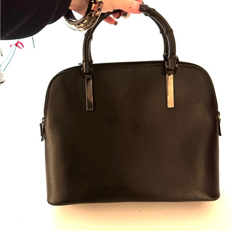 Gucci Black Pebble Grained leather w/bamboo handle /top zip/silver hardware
