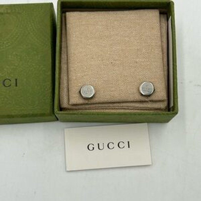 Gucci logo, engraved sterling silver hexagon stud earrings made in Italy