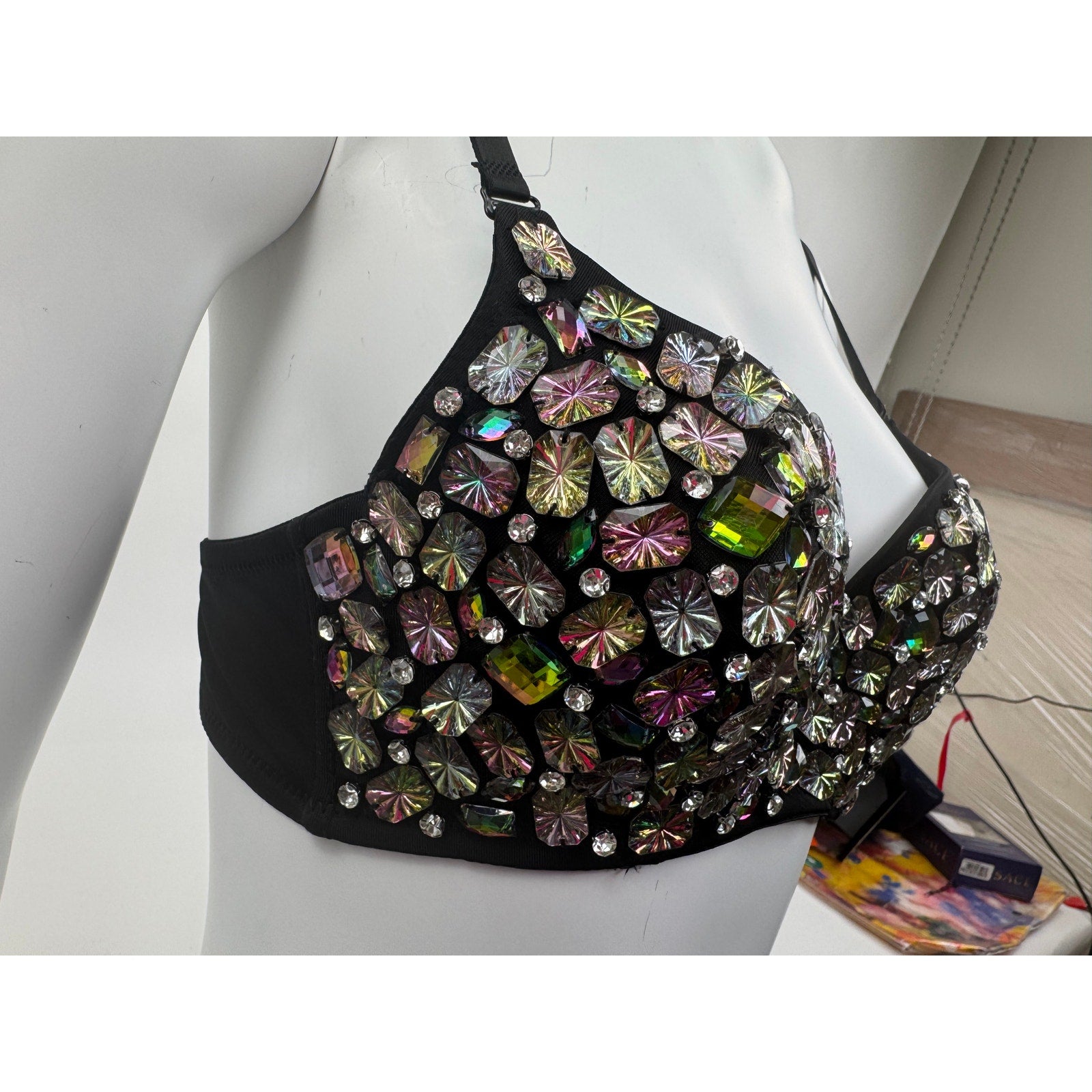 Custom Hand-Sewn Gem Bra with Embellished Band Size L