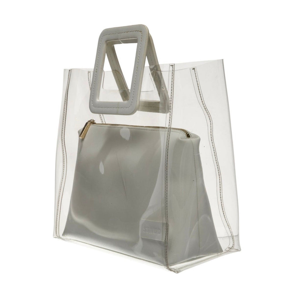 Staud Shirley Large Clear PVC Tote Bag White Leather Trim Top Handle Pouch