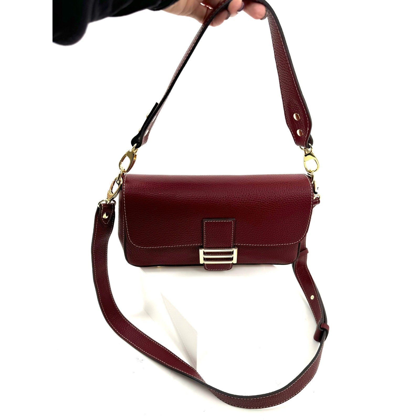 Divina Firenze Made in Italy Cranberry Leather Baguette Flap Crossbody Bag