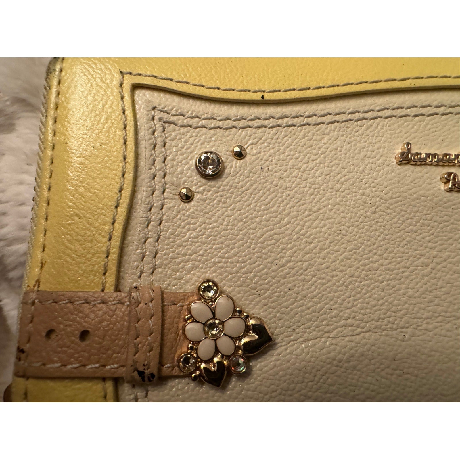 Samantha Thavasa Petit Choice Yellow Cream Rhinestone & Pearl Zipper Long Wallet