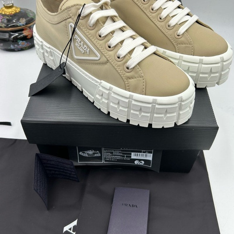 Women's Prada double wheel nylon gabardine sneakers, desert beige size 41