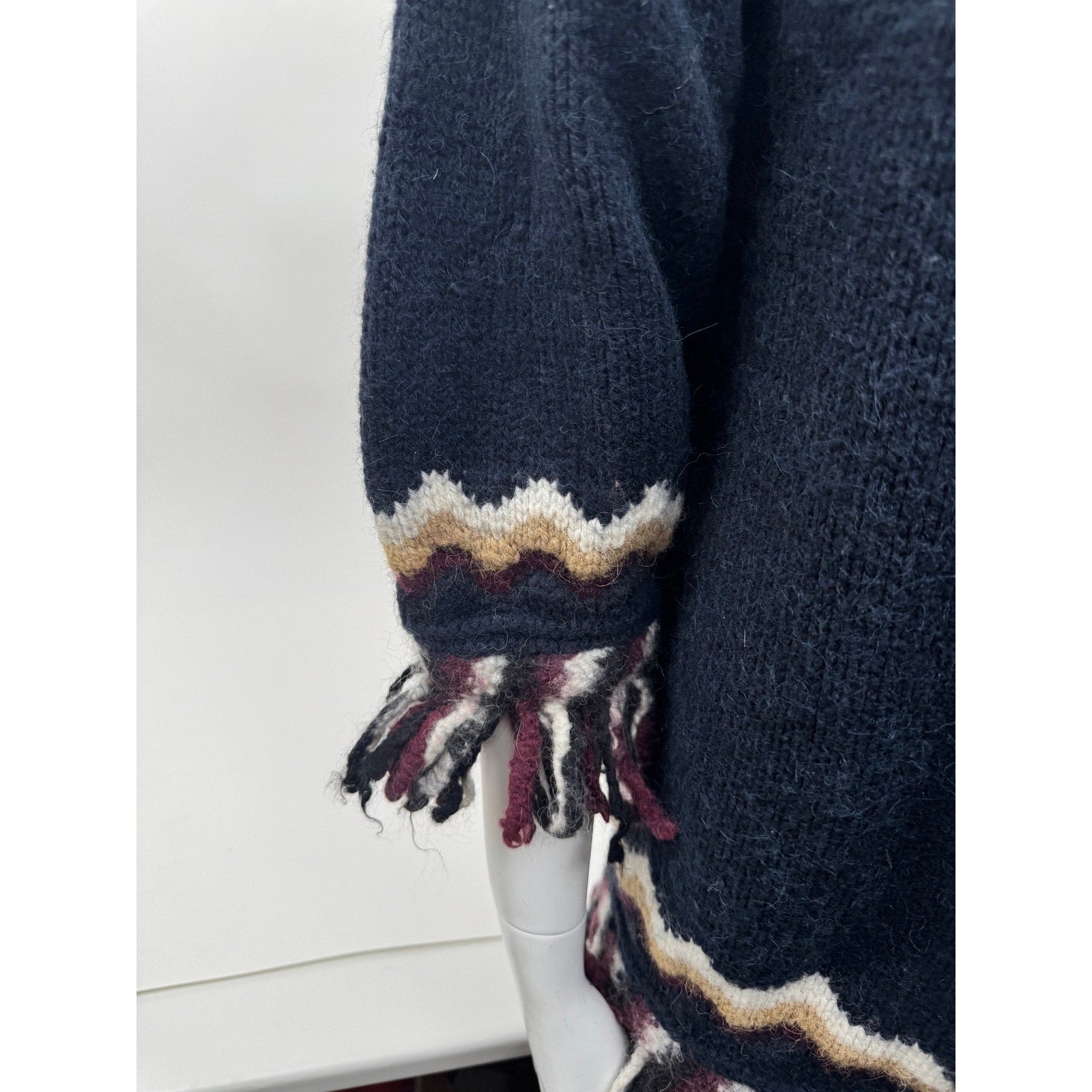 Women's RED Valentino Fair Isle Fringe Hooded Poncho Sweater Cape – Size M
