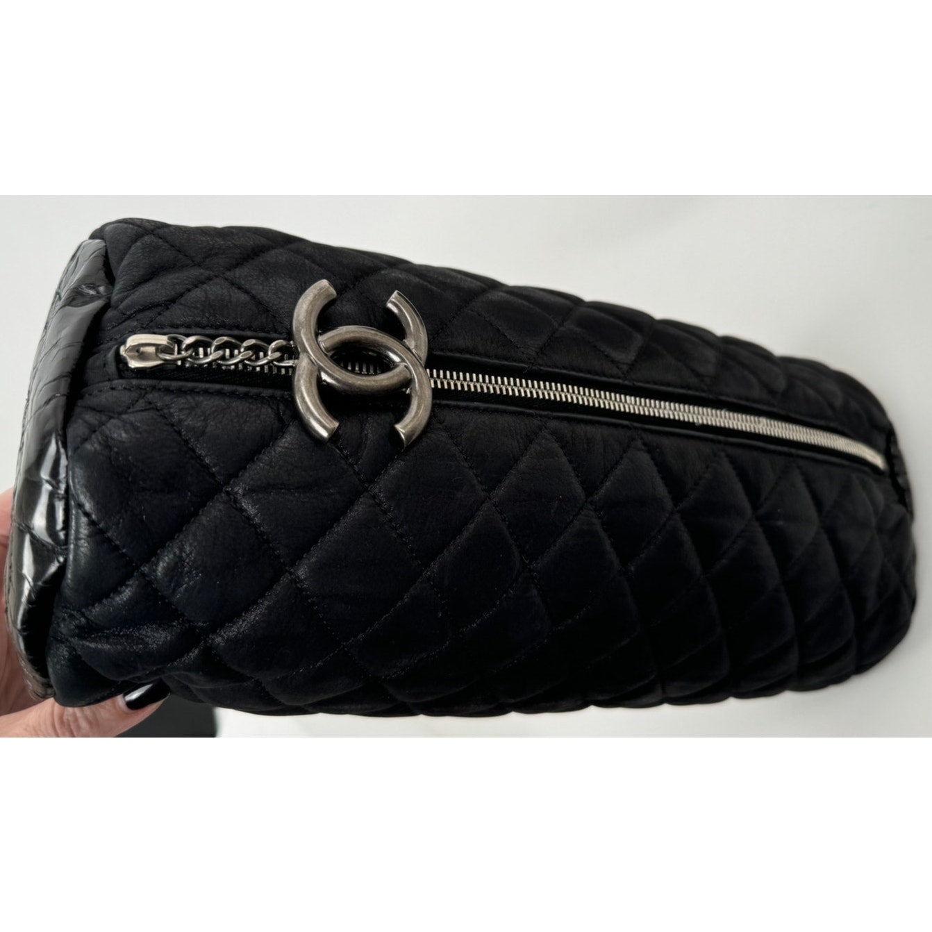 Chanel Black 3-way Leather & Patent Bag w/ Huge CC Charm /Runway Barrel Bag