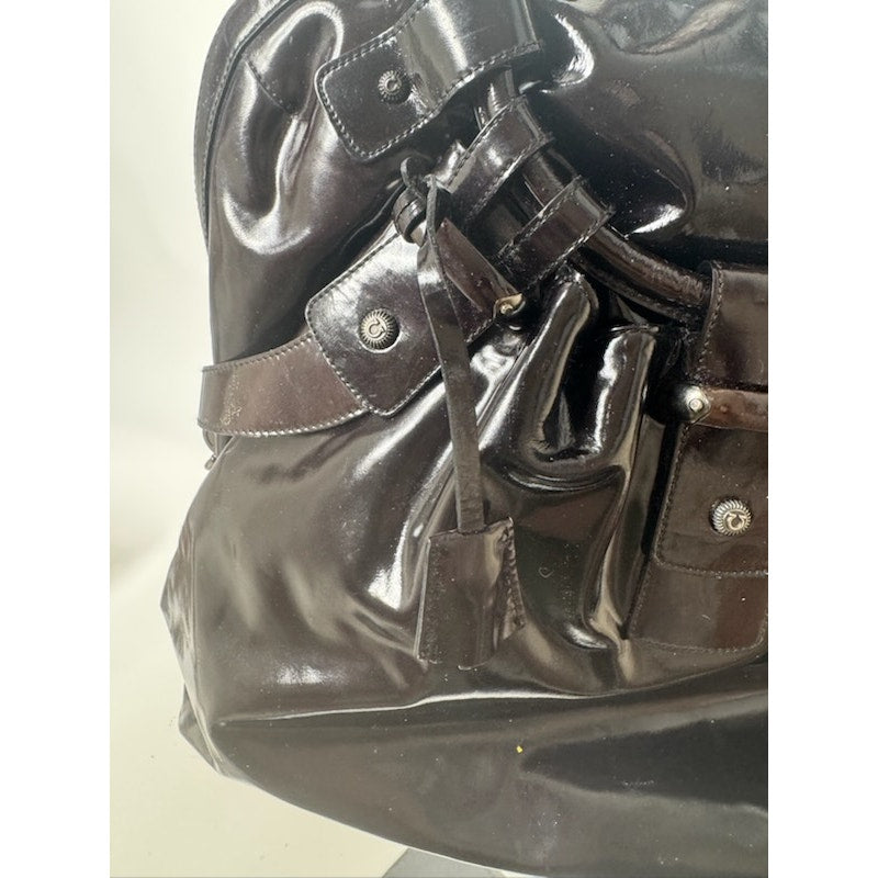 Salvatore Ferragamo Gancini Black Patent Leather Ruched Boho Hobo Bag