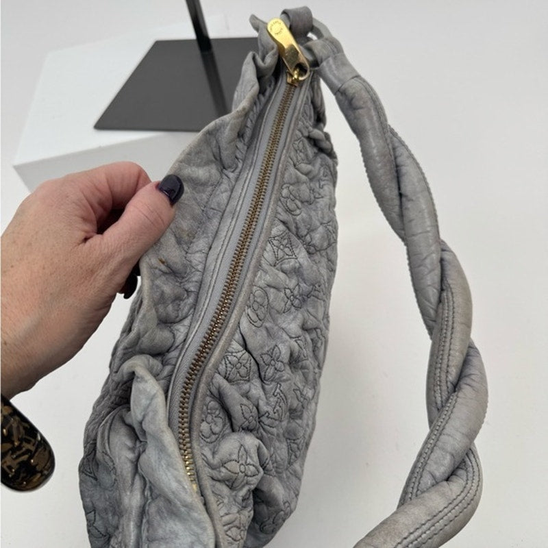 Louis Vuitton Runway..RARE Gray underarm top zip w/ruffle/plaque/twisted handle