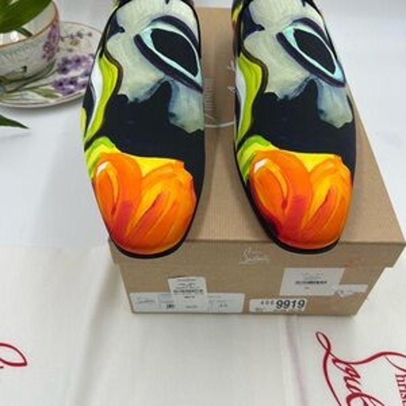 Men's Christian Louboutin, dandy, chick floral satin loafers size 45 made Italy