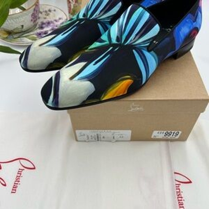 Men's Christian Louboutin, dandy, chick floral satin loafers size 42 made Italy