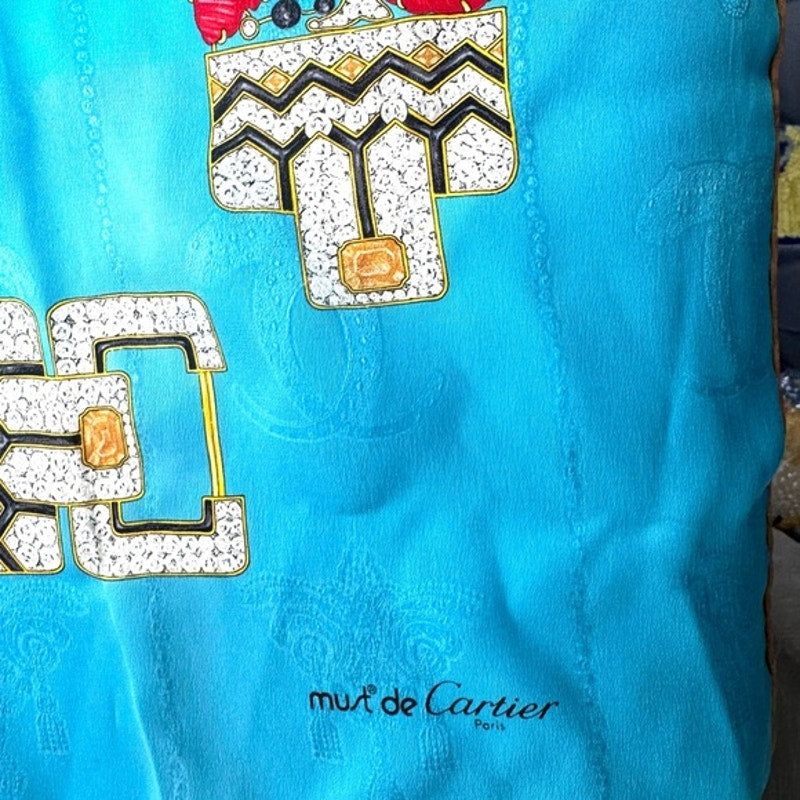 Cartier Scarf, Blue w/ Jewel motif and buckle detail
