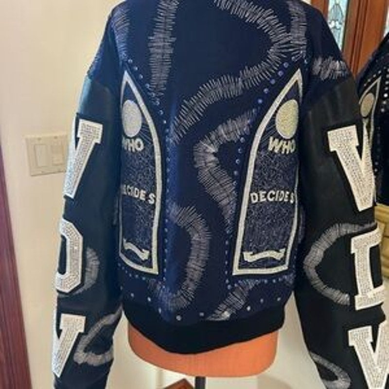 Men's WHO DECIDES war hardware, varsity jacket, size XL