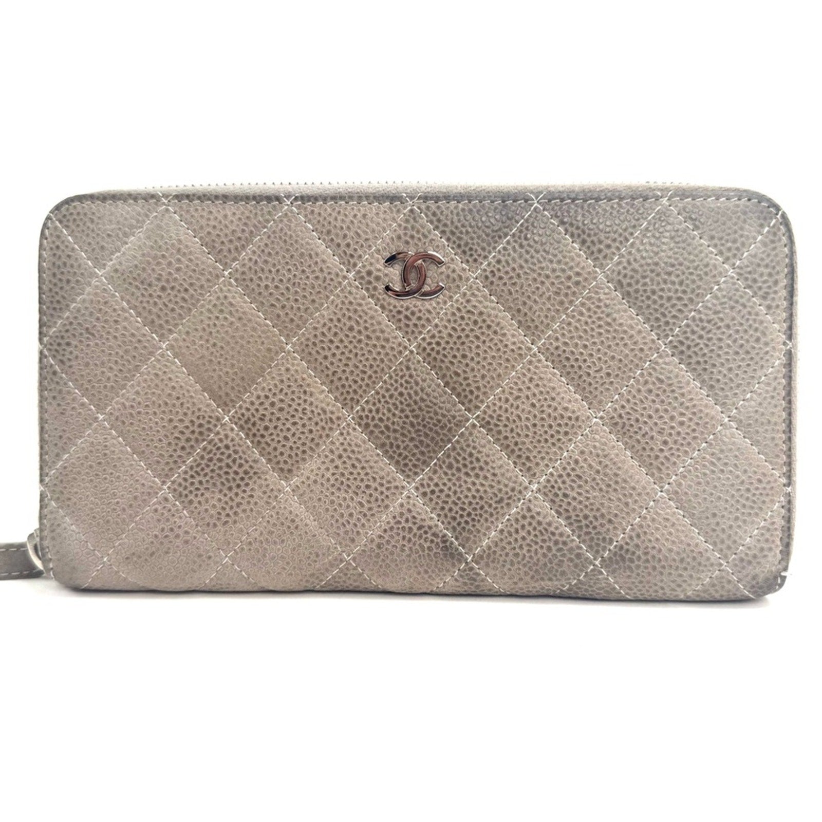 Women’s Chanel zip around long wallet, gray quilted pattern ombre holo present