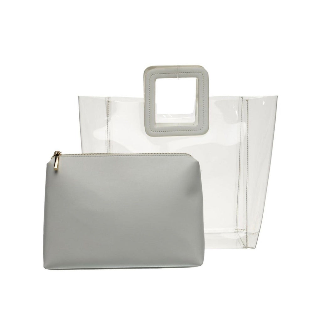 Staud Shirley Large Clear PVC Tote Bag White Leather Trim Top Handle Pouch