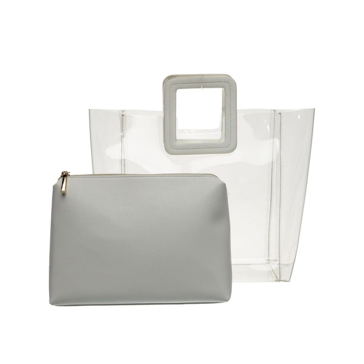 Staud Shirley Large Clear PVC Tote Bag White Leather Trim Top Handle Pouch