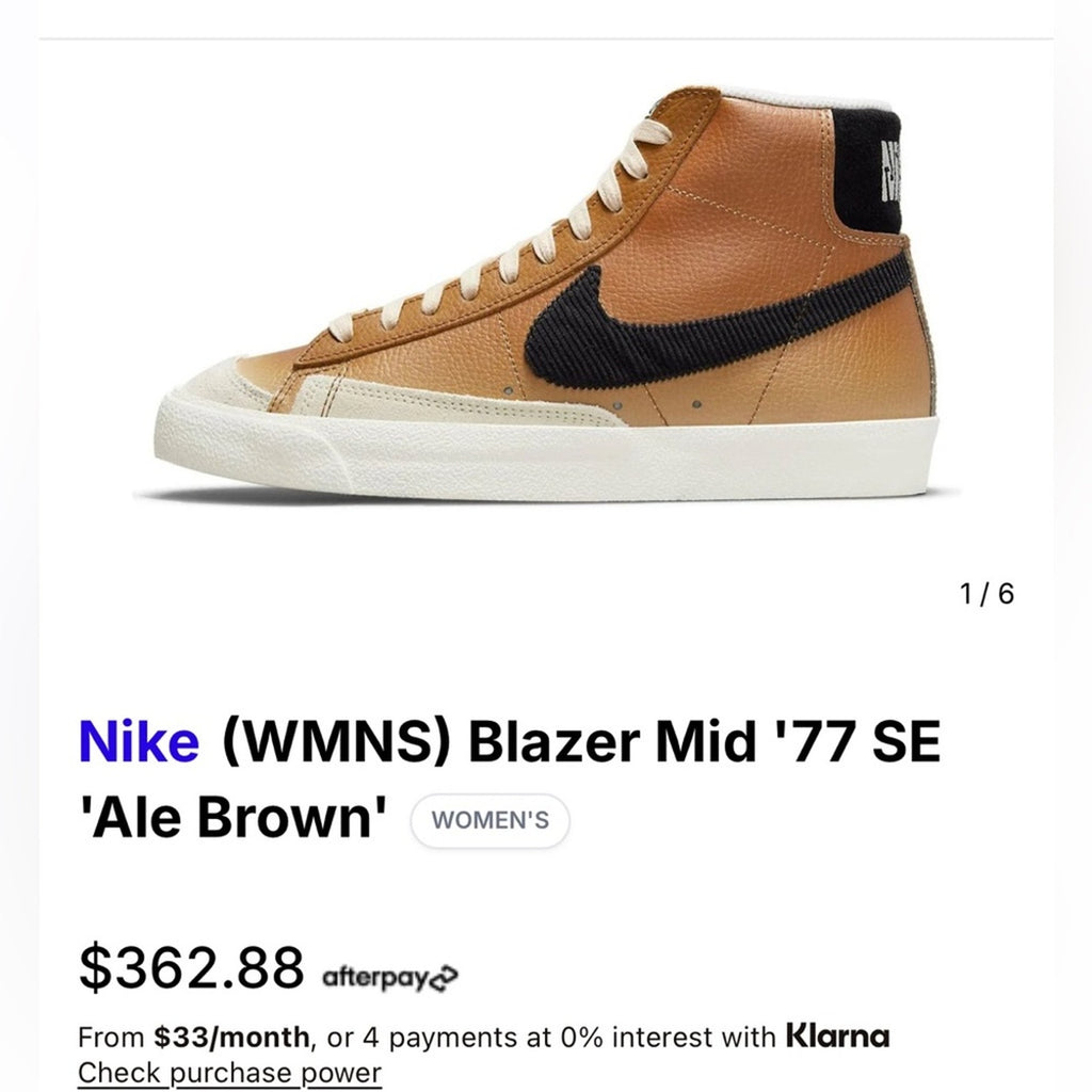 DS NIKE WOMEN’S BLAZER MID 77 SE ALE BROWN
SIZE 5 WOMENS
D06683-200